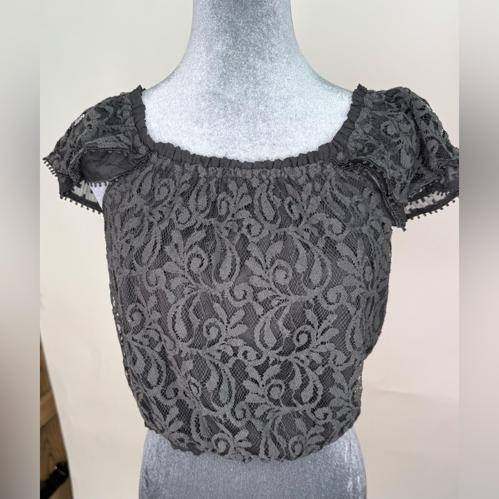 Abercrombie and Fitch Black Lace Off Shoulder Ruffle Top Medium Romantic Blouse